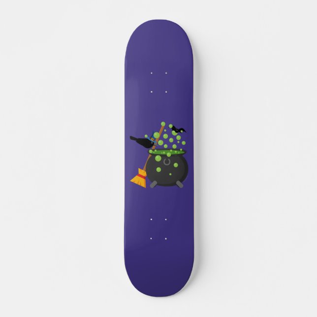 Cute Witch's Crow Looking Into A Bubbling Cauldron Skateboard (Front)