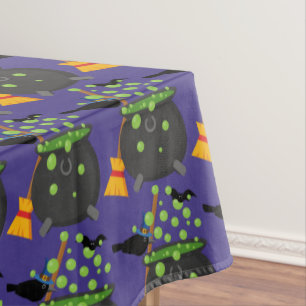 Cute Witch's Crow Looking Into A Bubbling Cauldron Tablecloth