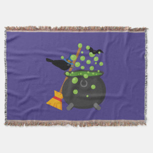 Cute Witch's Crow Looking Into A Bubbling Cauldron Throw Blanket