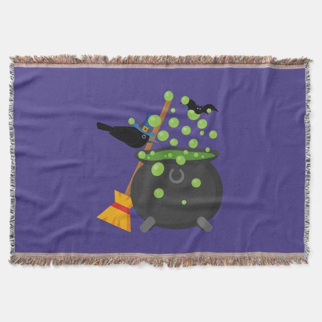 Cute Witch's Crow Looking Into A Bubbling Cauldron Throw Blanket (Front)