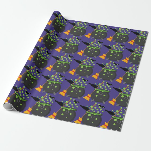 Cute Witch's Crow Looking Into A Bubbling Cauldron Wrapping Paper (Unrolled)