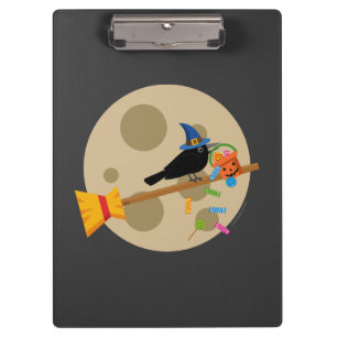 Cute Witch's Crow On A Broom Spreading Candies Clipboard