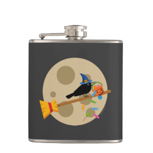 Cute Witch's Crow On A Broom Spreading Candies Hip Flask