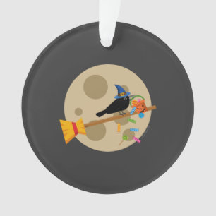 Cute Witch's Crow On A Broom Spreading Candies Ornament