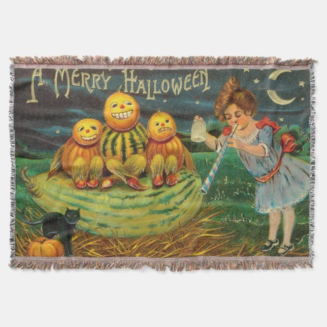 Cute Witch's Pumpkin Magic Halloween Throw Blanket (Front)