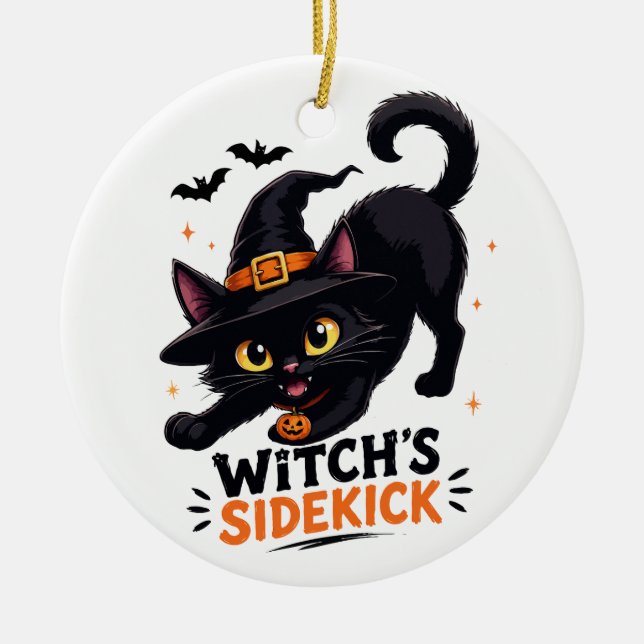 Cute Witch's Sidekick Black Cat Halloween Ceramic Tree Decoration (Front)