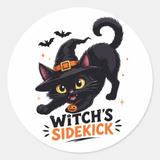 Cute Witch's Sidekick Black Cat Halloween Classic Round Sticker (Front)