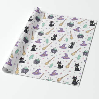 Cute Witchy Black Cat Halloween Birthday Decor Wrapping Paper