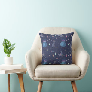 Cute Witchy Black Cat Pattern with Cauldrons & Pot Cushion