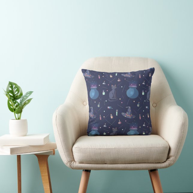Cute Witchy Black Cat Pattern with Cauldrons & Pot Cushion (Chair)
