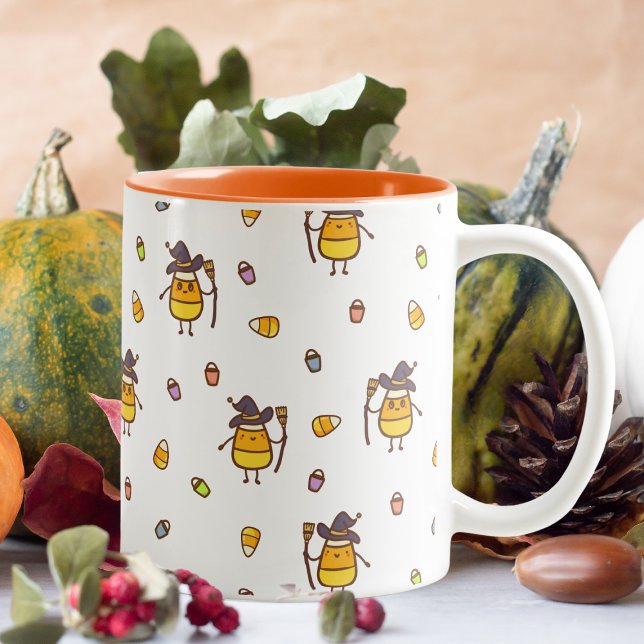 Cute Witchy Candy Corn Halloween Pattern Two-Tone Coffee Mug (Add your coffee mug collection with our cute witch candy corn Trick or Treat )