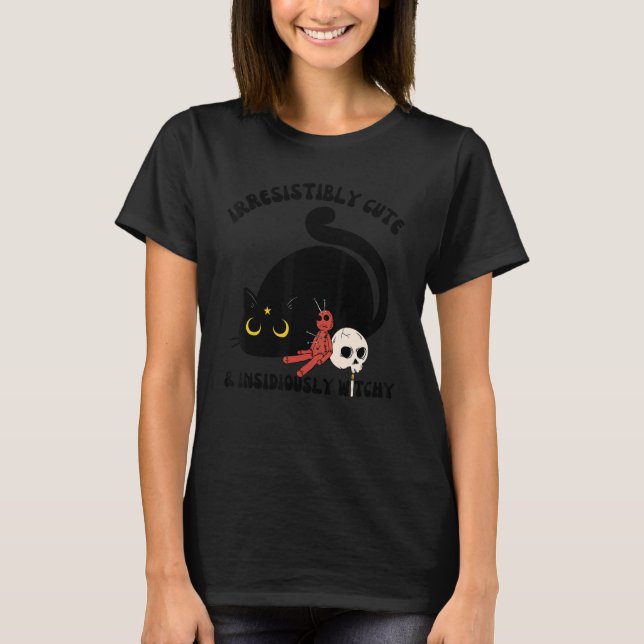 Cute Witchy Cat Halloween Black Cat Spooky Witch T-Shirt (Front)
