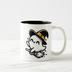 Cute Witchy Ghost on Broom Halloween Mug   Two-Sid