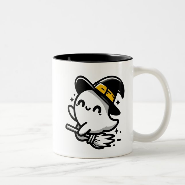 Cute Witchy Ghost on Broom Halloween Mug | Two-Sid (Right)