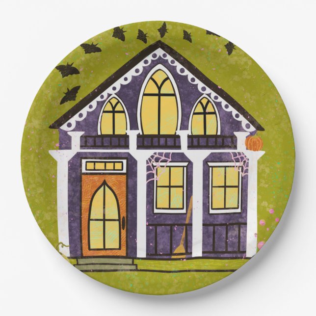 Cute Witchy Haunted Halloween Cottage  Paper Plate (Front)