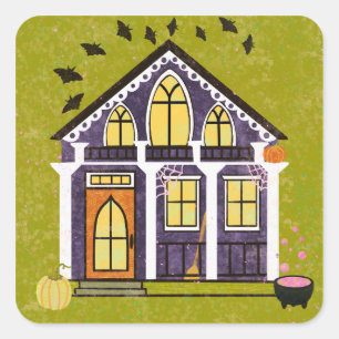 Cute Witchy Haunted Halloween Cottage  Square Sticker