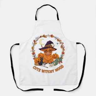 Cute Witchy Mood Halloween Highland Cow Black Cat Apron