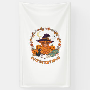 Cute Witchy Mood Halloween Highland Cow Black Cat Banner