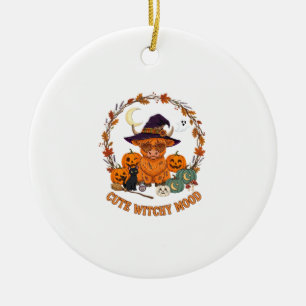 Cute Witchy Mood Halloween Highland Cow Black Cat Ceramic Tree Decoration