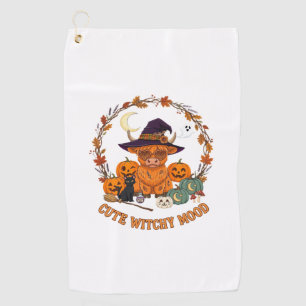 Cute Witchy Mood Halloween Highland Cow Black Cat Golf Towel