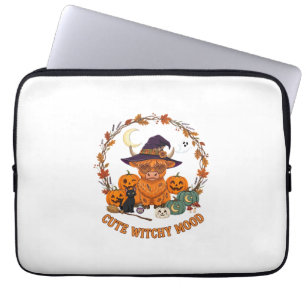 Cute Witchy Mood Halloween Highland Cow Black Cat Laptop Sleeve