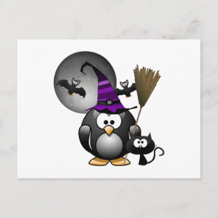Cute Witchy Penguin with Halloween Scene Postcard