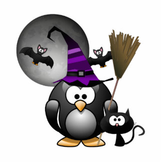 Cute Witchy Penguin with Halloween Scene Standing Photo Sculpture