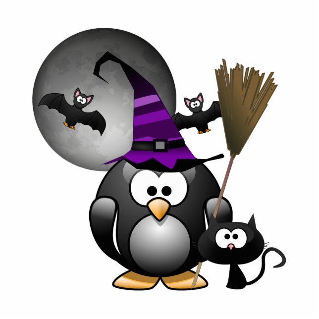 Cute Witchy Penguin with Halloween Scene Standing Photo Sculpture (Front)
