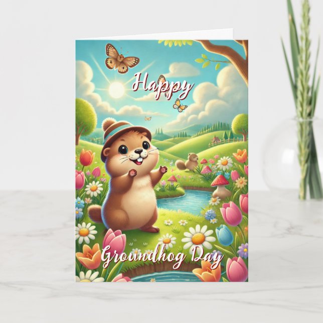 Cute with Hat Happy Groundhog Day & History Card (Front)