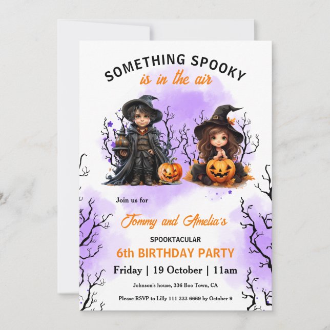 Cute Wizard and Witch Twin Halloween Birthday Invitation (Front)