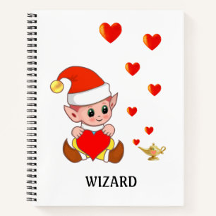 Cute wizard elf with love hearts on white notebook