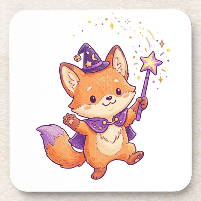 Cute Wizard Fox Casting Magic Spell Halloween Colo Coaster (Front)