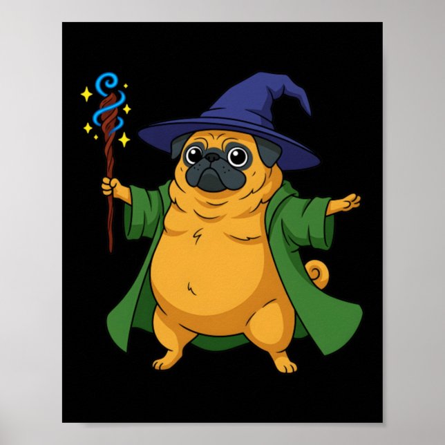 Cute Wizard Pug Dog Holding A Magic Staff Poster (Front)