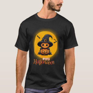 Cute Wizard w Pumpkin n Moon Happy Halloween T-Shirt
