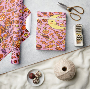 Cute Wolf And Candy For Halloween Wrapping Paper