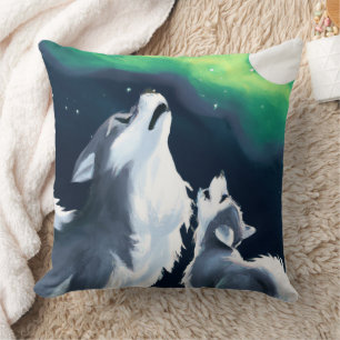Cute Wolf and Pup Howl at Full Moon Cushion