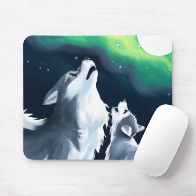 Cute Wolf and Pup Howl at Full Moon Mouse Mat (With Mouse)