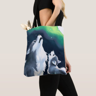 Cute Wolf and Pup Howl at Full Moon Tote Bag