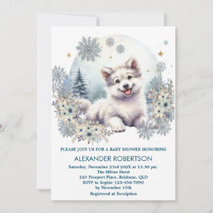 Cute wolf boy winter woodland themed watercolor invitation