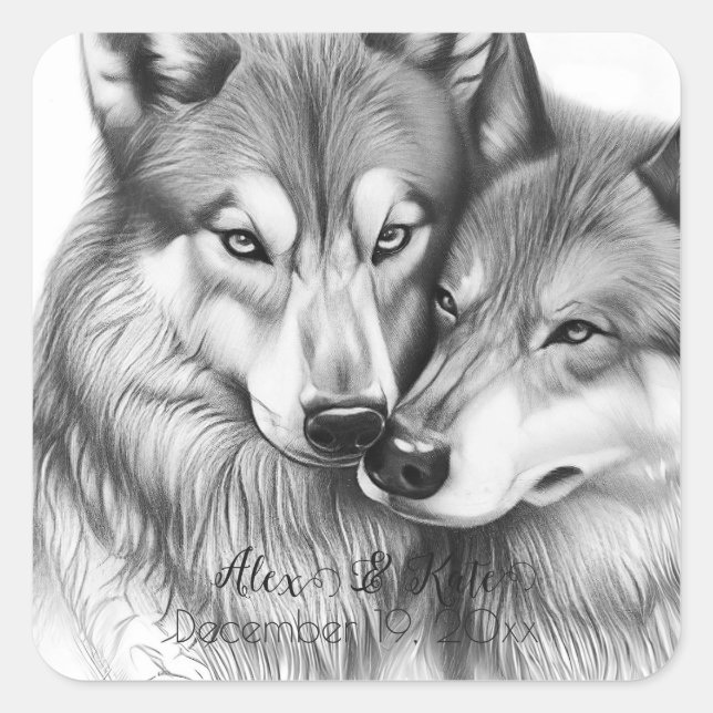 Cute Wolf Couple | Romantic Wedding  Square Sticker (Front)