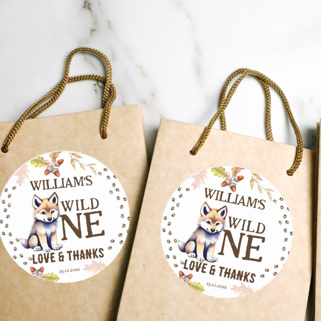 Cute wolf cub wild one woodlands birthday favour classic round sticker (Wild one cute fluffy wolf cub thank you favor stickers)