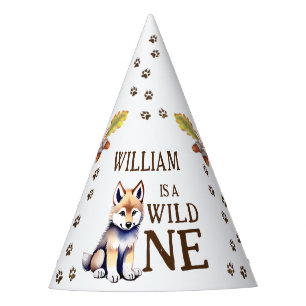 Cute wolf cub wild one woodlands birthday party hat
