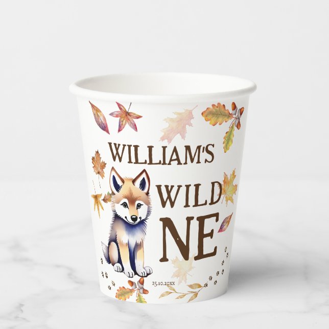 Cute wolf cub wild one woodlands birthday party paper cups (Front)