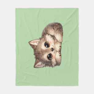 Cute Wolf Cub with Big Eyes Relaxing Woodland Anim Fleece Blanket