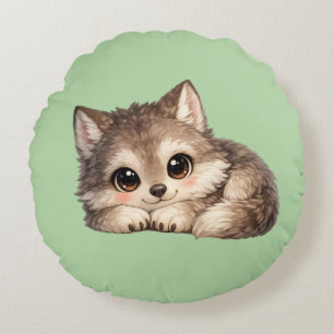Cute Wolf Cub with Big Eyes Relaxing Woodland Anim Round Cushion