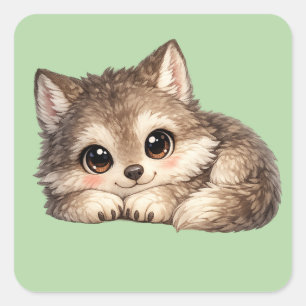 Cute Wolf Cub with Big Eyes Relaxing Woodland Anim Square Sticker