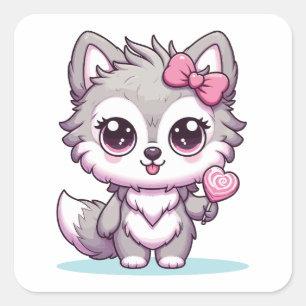 Cute Wolf Kawaii With Lollipop Square Sticker