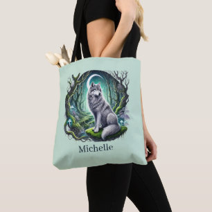 Cute wolf lovers add name tote bag