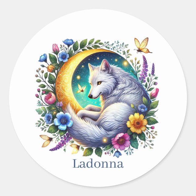 Cute wolf lovers animal customisable classic round sticker (Front)