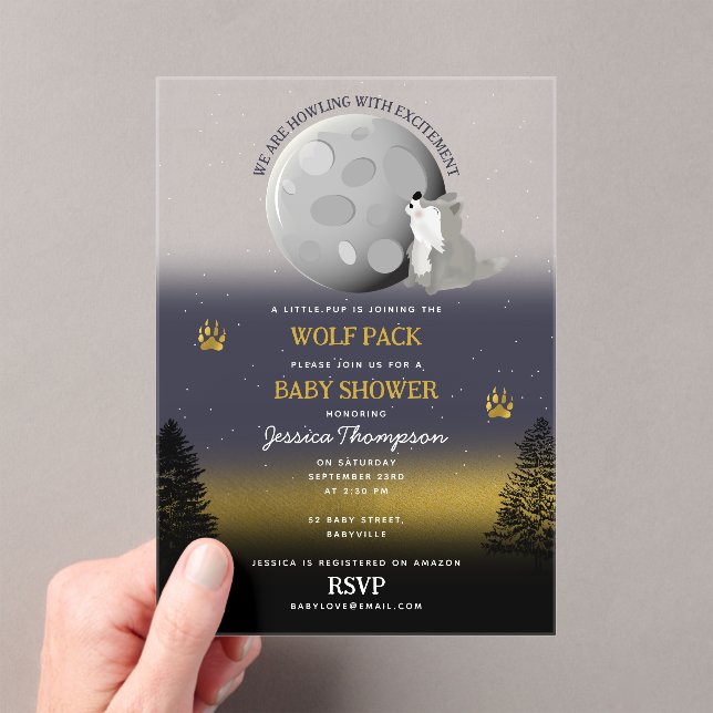 Cute Wolf Pack Woodland Moon Howling Baby Shower Acrylic Invitations (Insitu (Handheld))